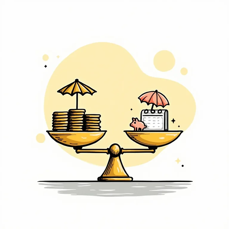 A balance scale weighing coins against a calendar, umbrella and piggy bank